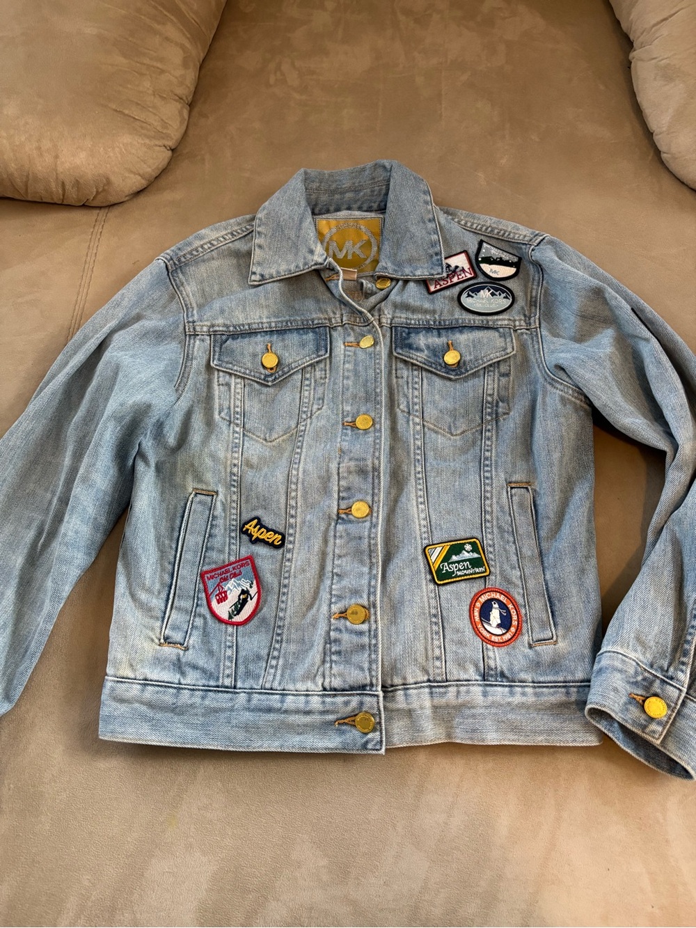 Michael Kors Light Blue Distressed Denim Jacket with Patches